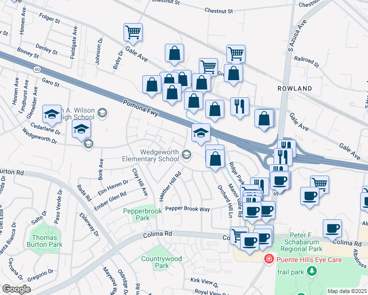 map of restaurants, bars, coffee shops, grocery stores, and more near 1431 Eagle Park Road in Hacienda Heights