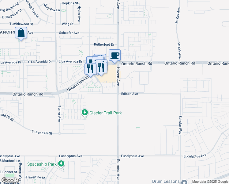 map of restaurants, bars, coffee shops, grocery stores, and more near 3468 East Paraduxx Privado in Ontario