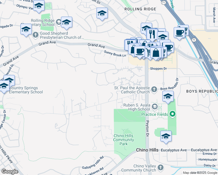 map of restaurants, bars, coffee shops, grocery stores, and more near 3059 Song of the Winds Drive in Chino Hills