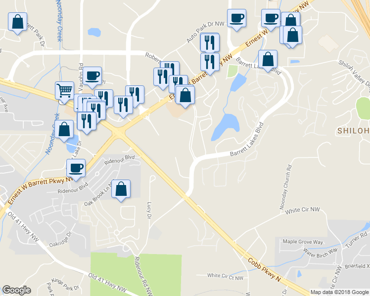 map of restaurants, bars, coffee shops, grocery stores, and more near 1812 Greers Chapel Road Northwest in Kennesaw