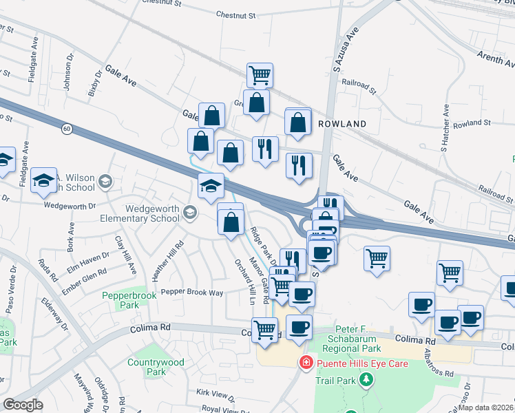 map of restaurants, bars, coffee shops, grocery stores, and more near 16915 Shady Meadow Drive in Hacienda Heights