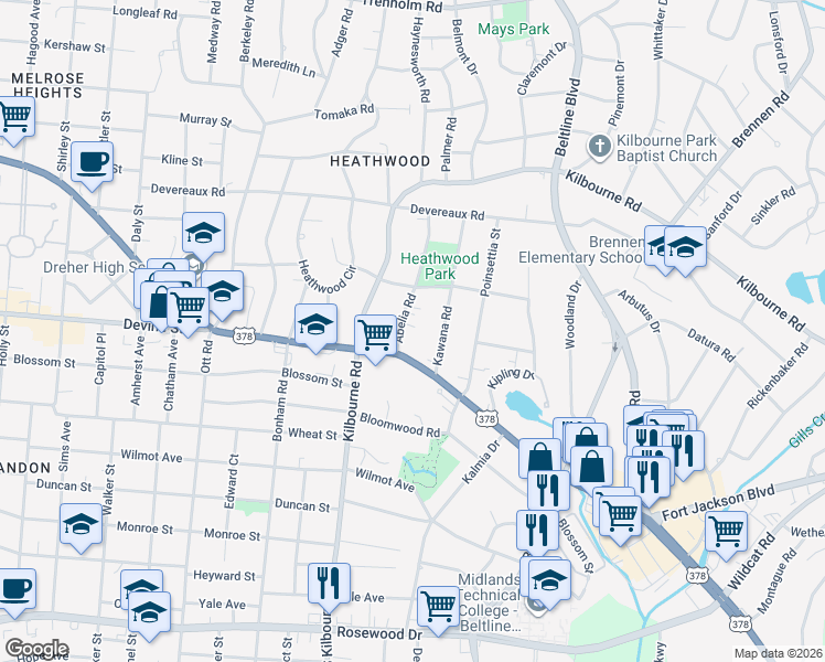 map of restaurants, bars, coffee shops, grocery stores, and more near 710 Abelia Road in Columbia