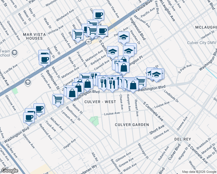 map of restaurants, bars, coffee shops, grocery stores, and more near 4030 Boise Avenue in Los Angeles