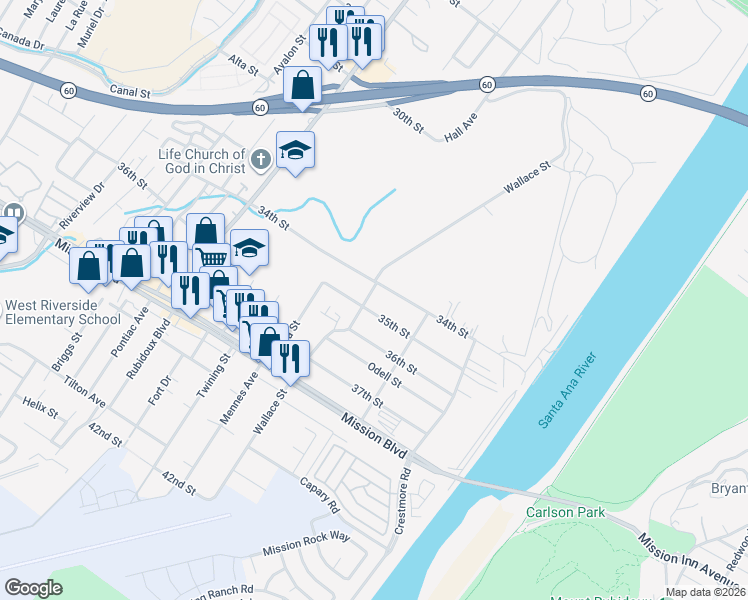 map of restaurants, bars, coffee shops, grocery stores, and more near 3468 Wallace Street in Riverside