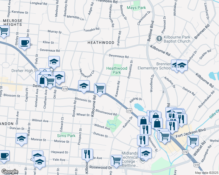 map of restaurants, bars, coffee shops, grocery stores, and more near 710 Abelia Road in Columbia