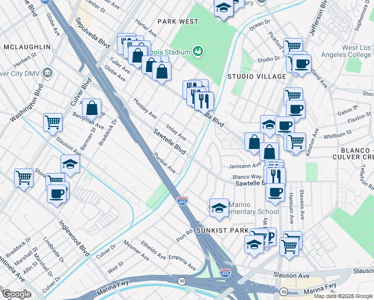 map of restaurants, bars, coffee shops, grocery stores, and more near 5015 Sawtelle Boulevard in Culver City