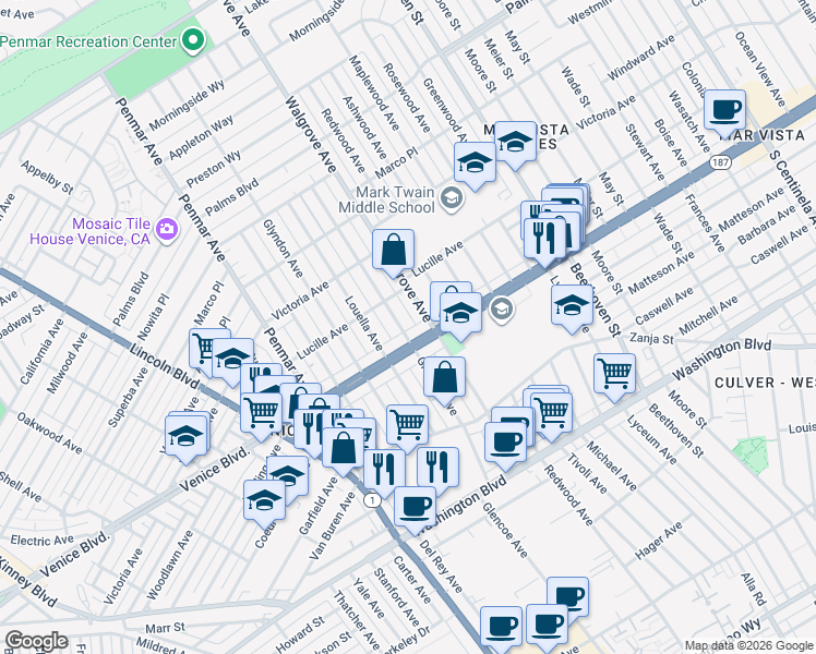 map of restaurants, bars, coffee shops, grocery stores, and more near 2336 Glencoe Avenue in Los Angeles