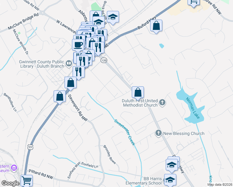 map of restaurants, bars, coffee shops, grocery stores, and more near 3330 Fox Street Northwest in Duluth