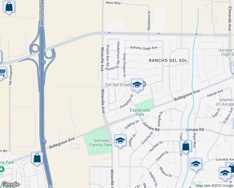 map of restaurants, bars, coffee shops, grocery stores, and more near 4962 Impatiens Circle in Jurupa Valley