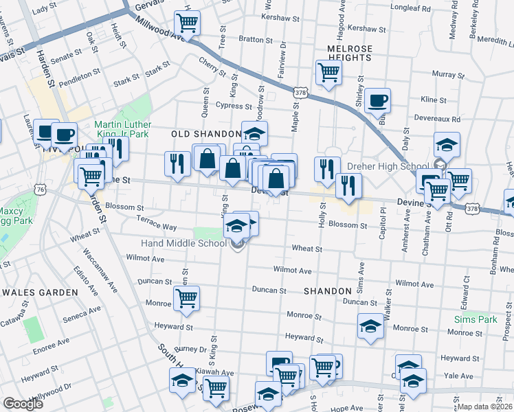 map of restaurants, bars, coffee shops, grocery stores, and more near 607 Woodrow Street in Columbia