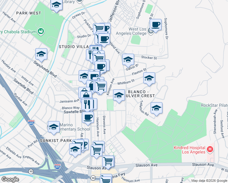 map of restaurants, bars, coffee shops, grocery stores, and more near 10906 Kelmore Street in Culver City