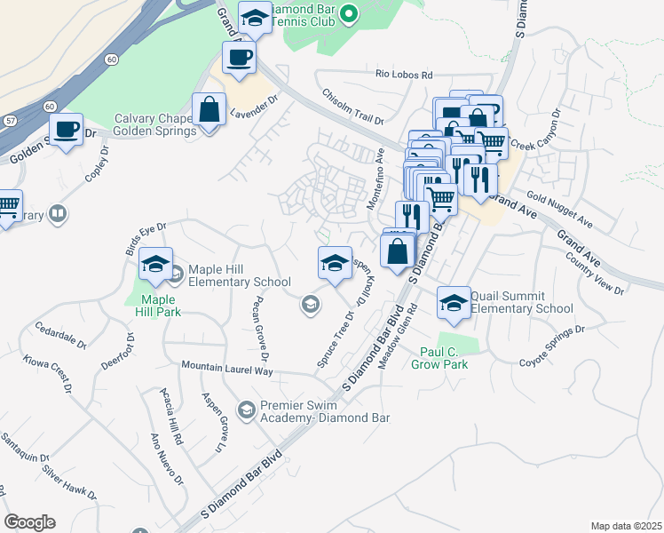 map of restaurants, bars, coffee shops, grocery stores, and more near 1333 Spruce Tree Drive in Diamond Bar