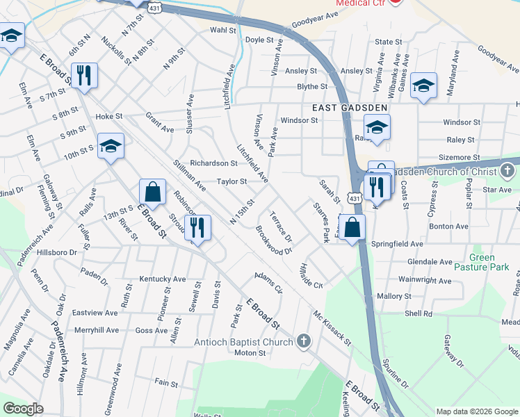 map of restaurants, bars, coffee shops, grocery stores, and more near 115 Brookwood Drive in Gadsden