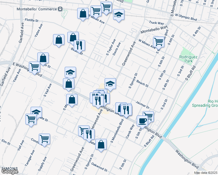 map of restaurants, bars, coffee shops, grocery stores, and more near 877 South Greenwood Avenue in Montebello