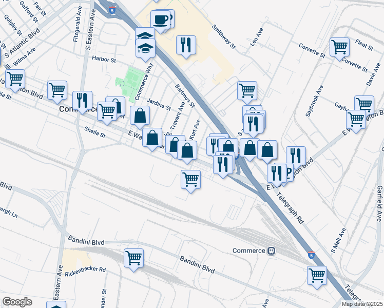 map of restaurants, bars, coffee shops, grocery stores, and more near 5935 East Washington Boulevard in Commerce