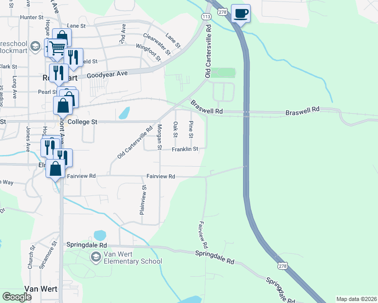 map of restaurants, bars, coffee shops, grocery stores, and more near 524 Franklin Street in Rockmart