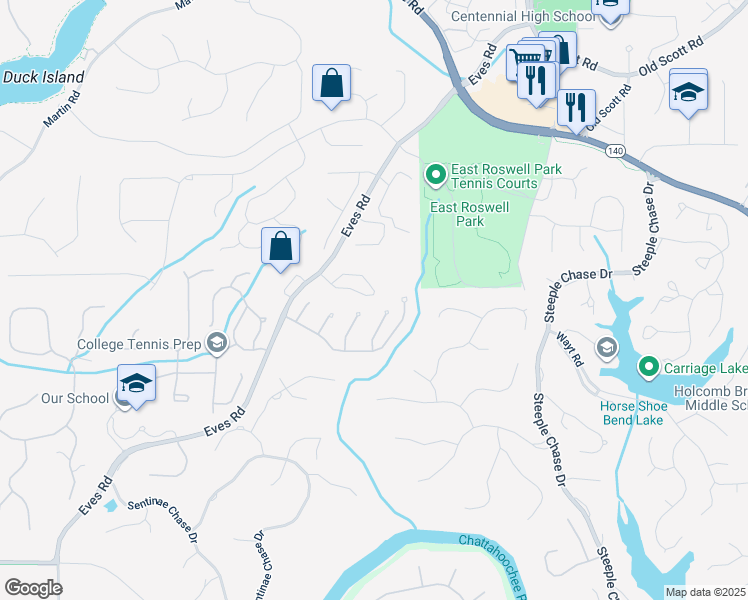 map of restaurants, bars, coffee shops, grocery stores, and more near 3001 Canyon Point Circle in Roswell