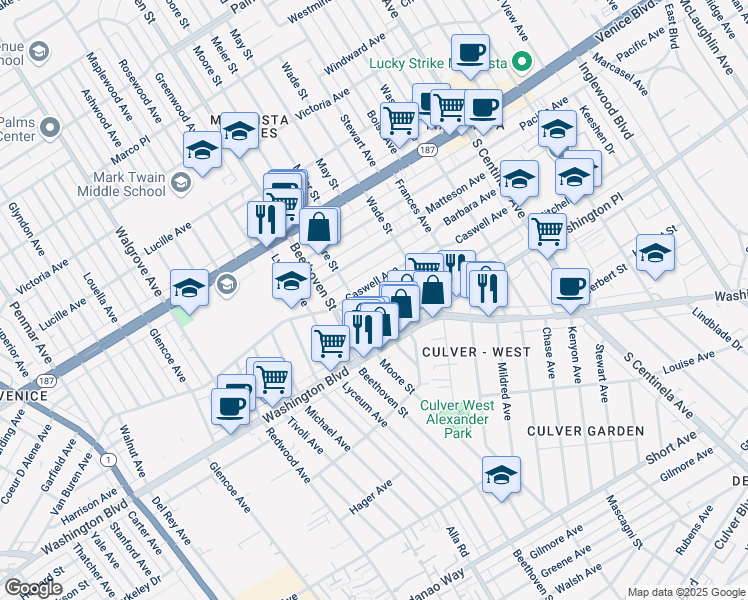 map of restaurants, bars, coffee shops, grocery stores, and more near 12767 Mitchell Avenue in Los Angeles