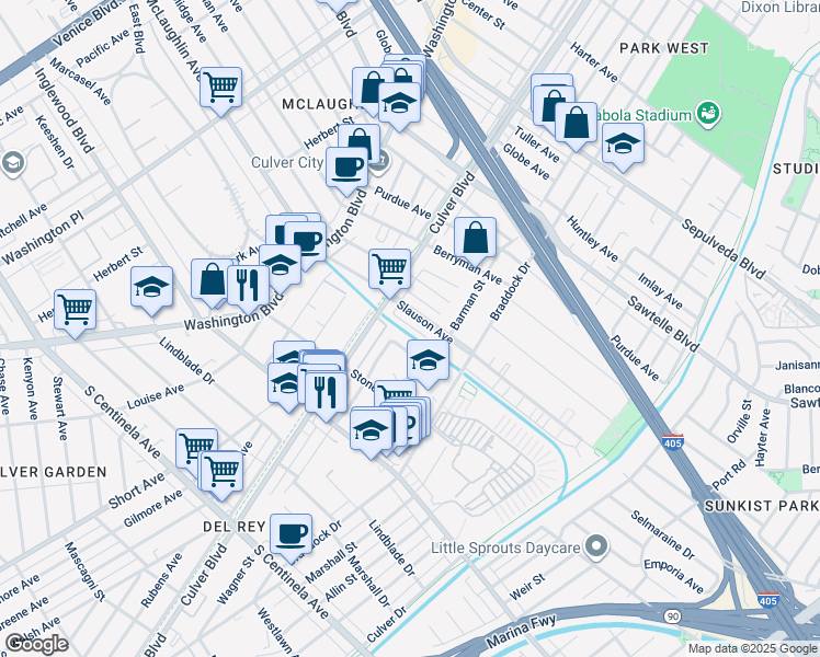 map of restaurants, bars, coffee shops, grocery stores, and more near 4415 South Slauson Avenue in Culver City