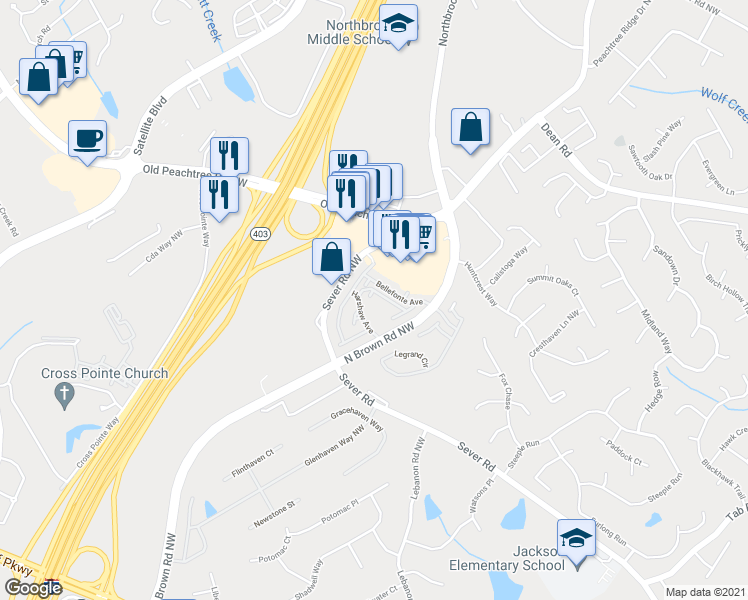 map of restaurants, bars, coffee shops, grocery stores, and more near 2378 Gallard Street in Lawrenceville
