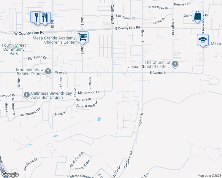 map of restaurants, bars, coffee shops, grocery stores, and more near 106 Myrtlewood Drive in Calimesa