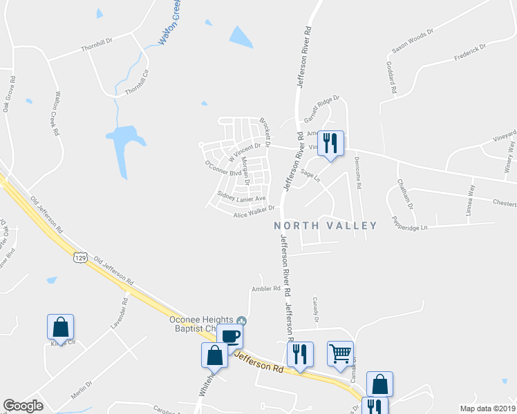map of restaurants, bars, coffee shops, grocery stores, and more near 124 Alice Walker Drive in Athens