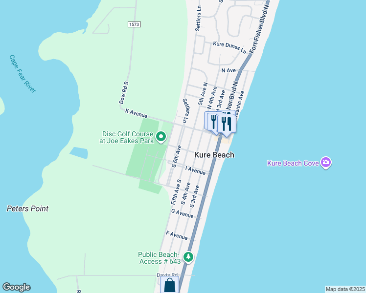 map of restaurants, bars, coffee shops, grocery stores, and more near 510 J Avenue in Kure Beach