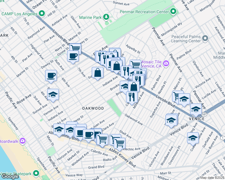 map of restaurants, bars, coffee shops, grocery stores, and more near 748 Brooks Avenue in Los Angeles