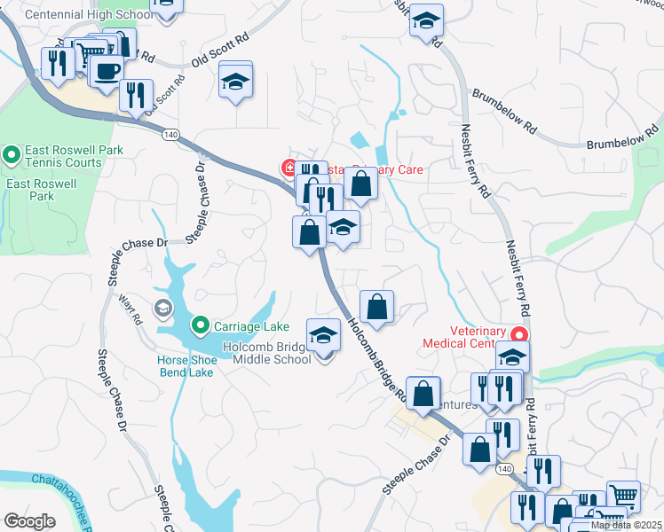 map of restaurants, bars, coffee shops, grocery stores, and more near 2660 Holcomb Bridge Road in Roswell
