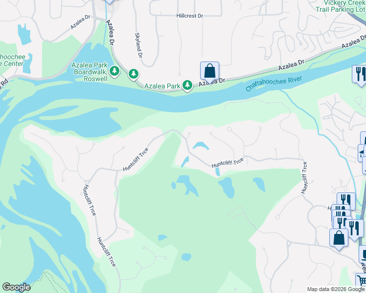 map of restaurants, bars, coffee shops, grocery stores, and more near 9110 Huntcliff Trce in Atlanta