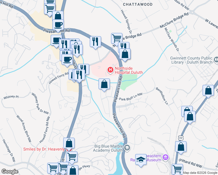 map of restaurants, bars, coffee shops, grocery stores, and more near 3744 Meeting Street Northwest in Duluth
