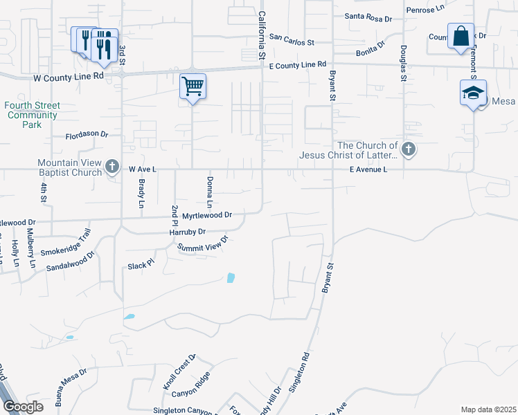 map of restaurants, bars, coffee shops, grocery stores, and more near 106 Myrtlewood Drive in Calimesa