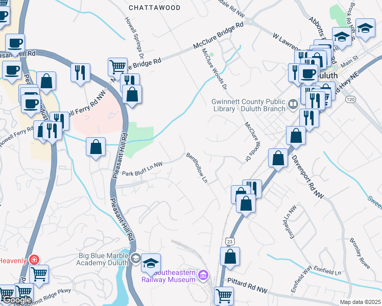 map of restaurants, bars, coffee shops, grocery stores, and more near 3549 Benthollow Lane in Duluth