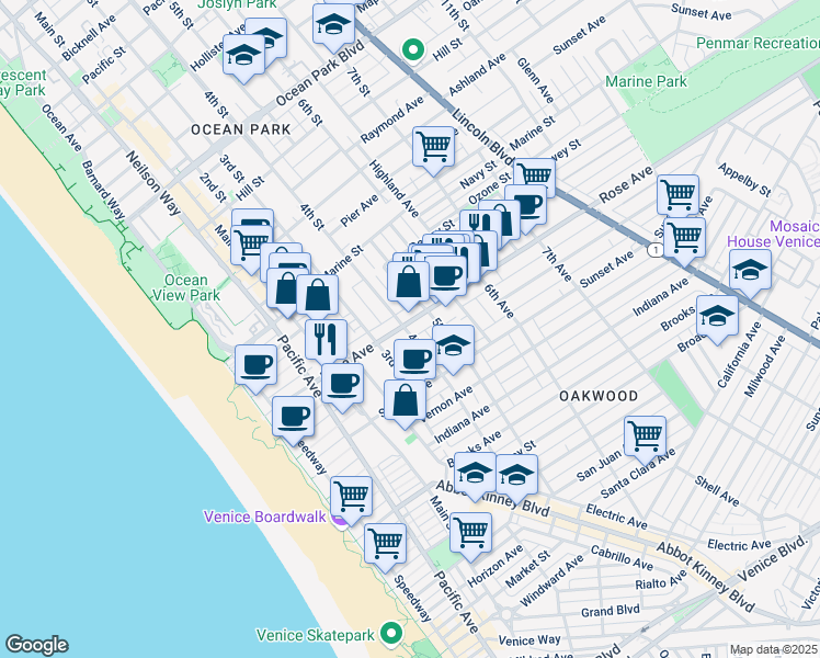 map of restaurants, bars, coffee shops, grocery stores, and more near 412 Rose Avenue in Los Angeles