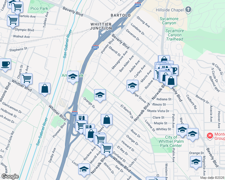 map of restaurants, bars, coffee shops, grocery stores, and more near 5647 Adele Avenue in Whittier
