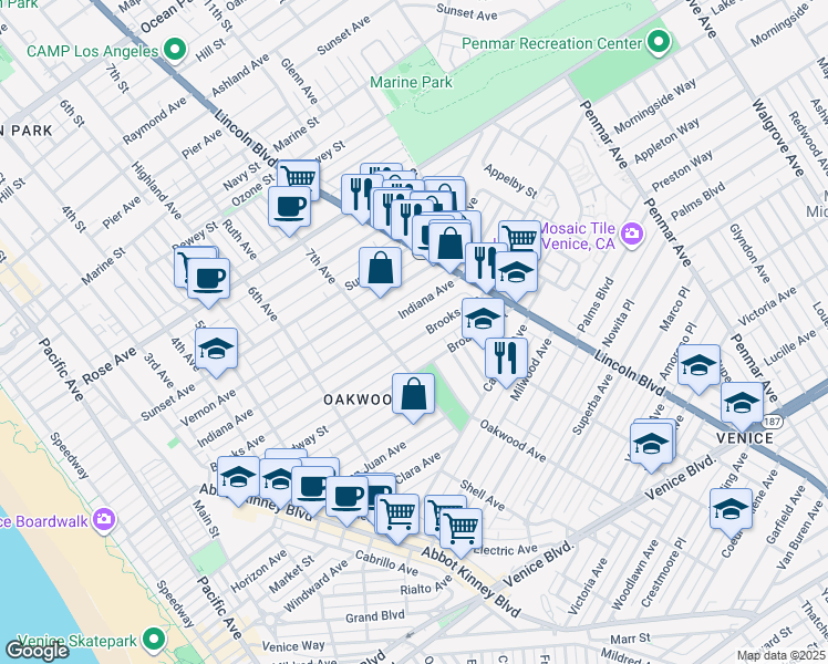 map of restaurants, bars, coffee shops, grocery stores, and more near 729 Brooks Avenue in Los Angeles