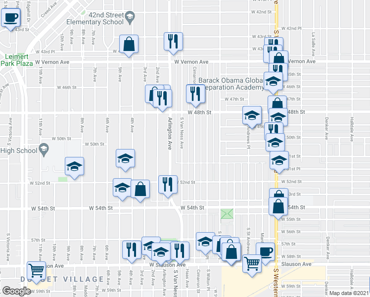 map of restaurants, bars, coffee shops, grocery stores, and more near 5016 South Van Ness Avenue in Los Angeles