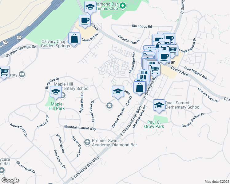 map of restaurants, bars, coffee shops, grocery stores, and more near 1333 Spruce Tree Drive in Diamond Bar