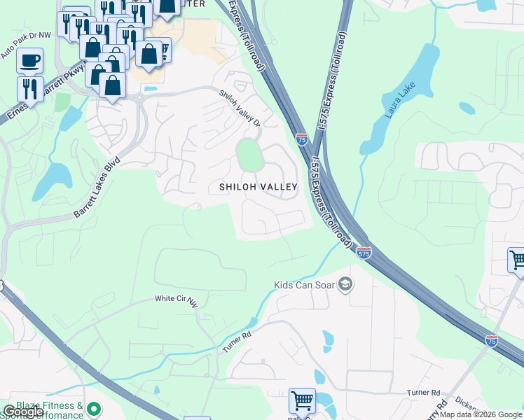 map of restaurants, bars, coffee shops, grocery stores, and more near 310 McCook Circle Northwest in Kennesaw