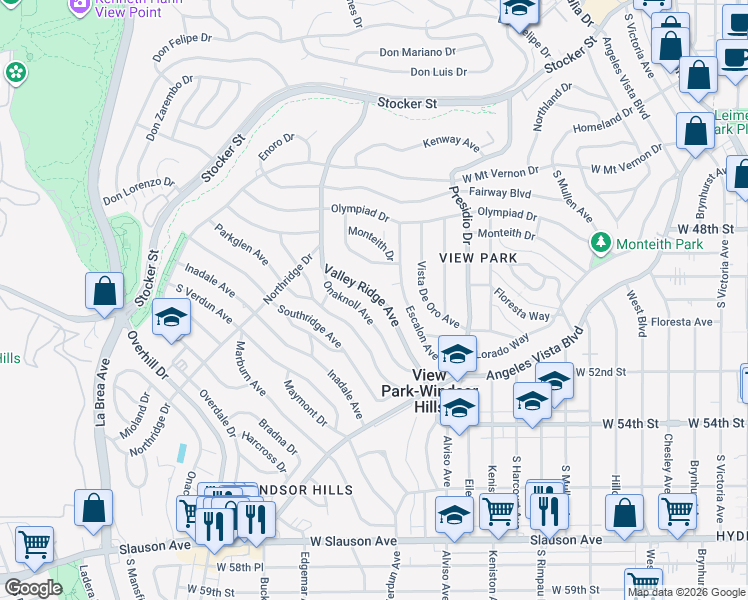 map of restaurants, bars, coffee shops, grocery stores, and more near 5017 Valley Ridge Avenue in View Park-Windsor Hills
