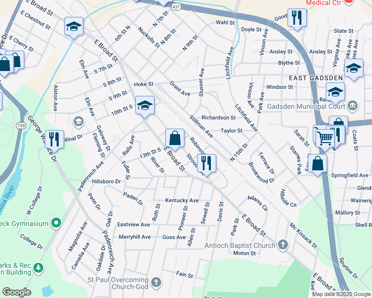 map of restaurants, bars, coffee shops, grocery stores, and more near 1310 Stroud Avenue in Gadsden