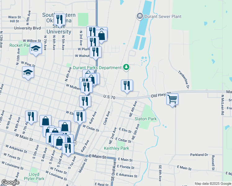 map of restaurants, bars, coffee shops, grocery stores, and more near 101 East Pine Street in Durant