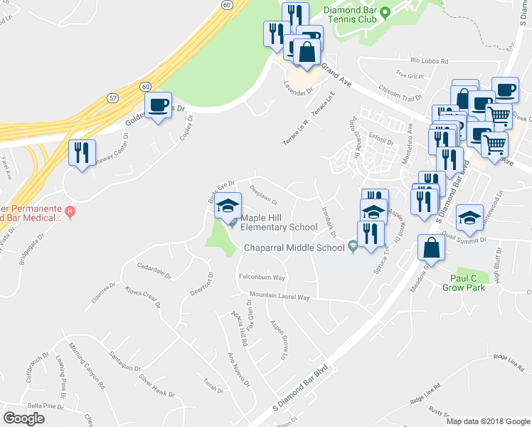 map of restaurants, bars, coffee shops, grocery stores, and more near 22547 Eddridge Drive in Diamond Bar