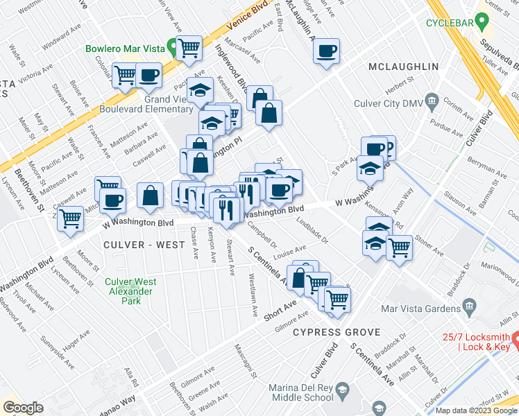 map of restaurants, bars, coffee shops, grocery stores, and more near 12211 Washington Boulevard in Los Angeles