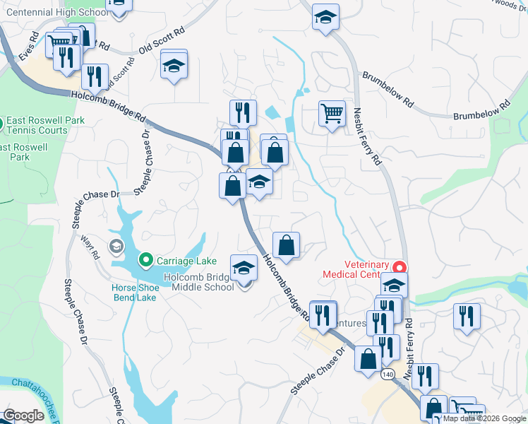 map of restaurants, bars, coffee shops, grocery stores, and more near 7 Elan Court in Alpharetta