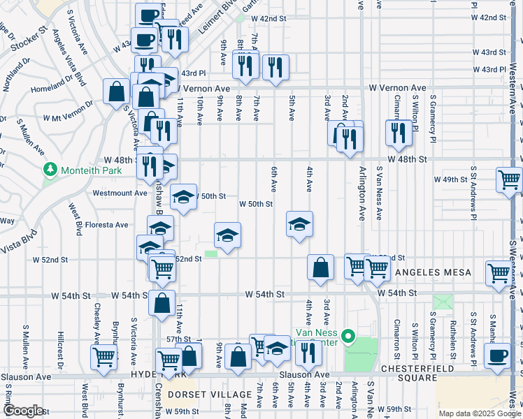 map of restaurants, bars, coffee shops, grocery stores, and more near 5006 7th Avenue in Los Angeles