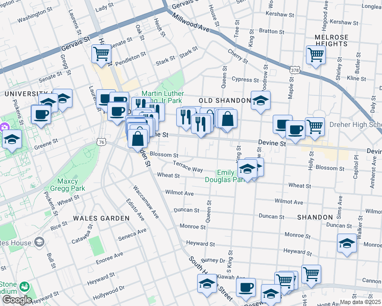 map of restaurants, bars, coffee shops, grocery stores, and more near 2323 Blossom Street in Columbia