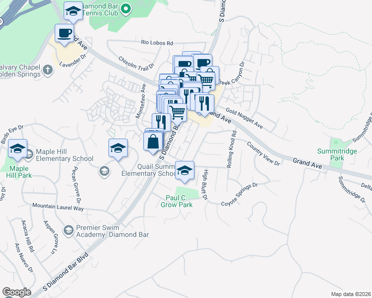 map of restaurants, bars, coffee shops, grocery stores, and more near 1334 South Diamond Bar Boulevard in Diamond Bar