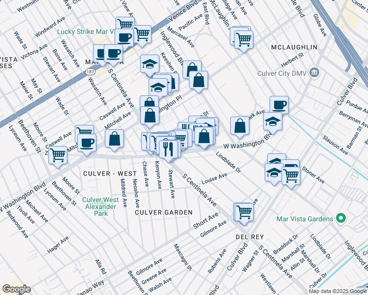 map of restaurants, bars, coffee shops, grocery stores, and more near 12231 West Washington Boulevard in Los Angeles