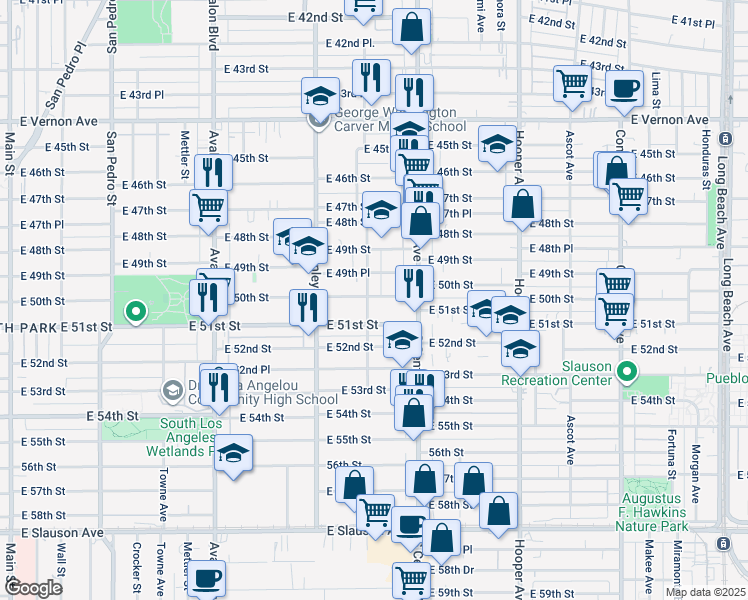 map of restaurants, bars, coffee shops, grocery stores, and more near 976 E 50th St in Los Angeles